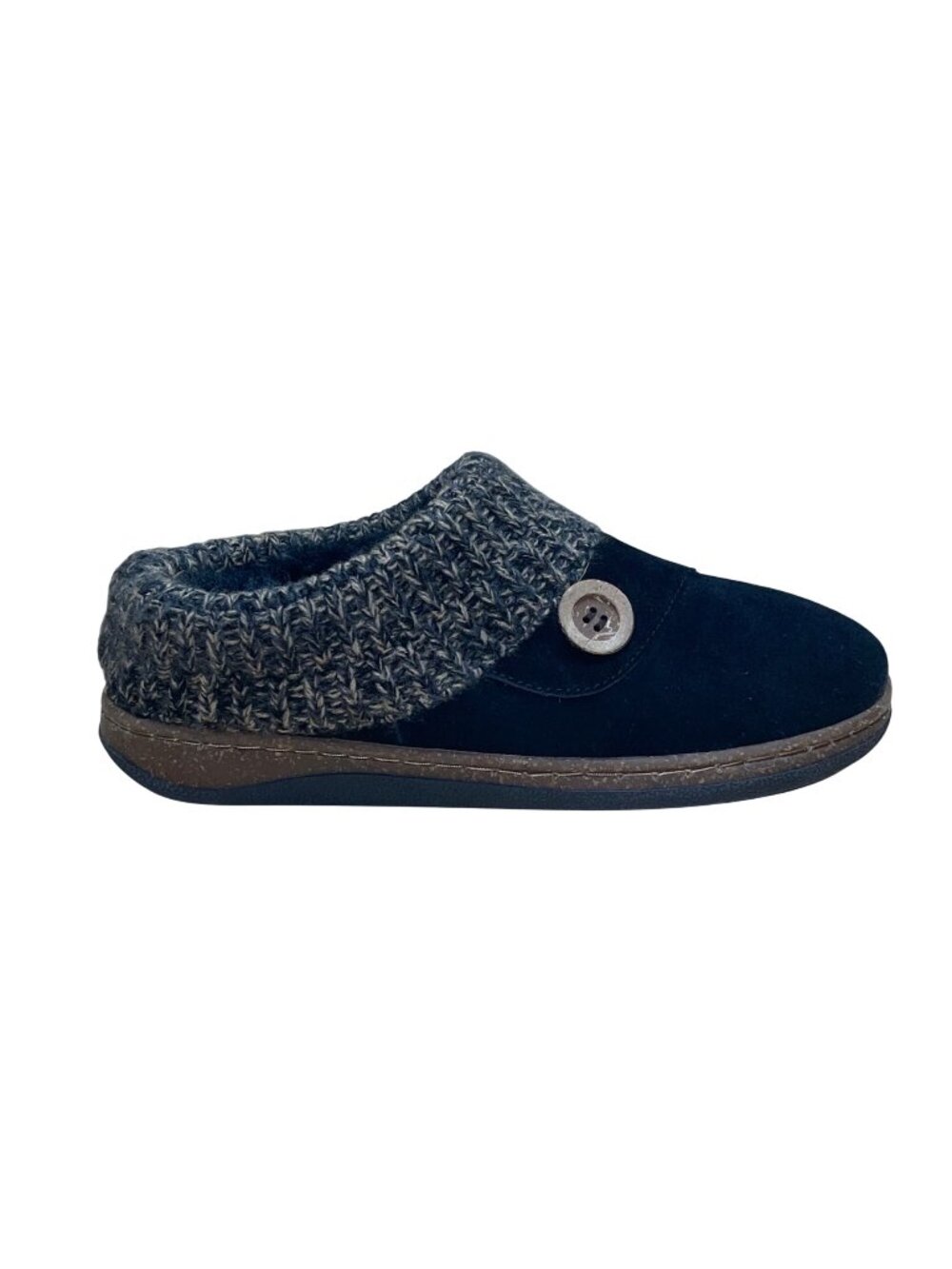 Clarks Women’s Black Suede & Brown Knit Collar Cozy Slip-On Slippers Size 9M